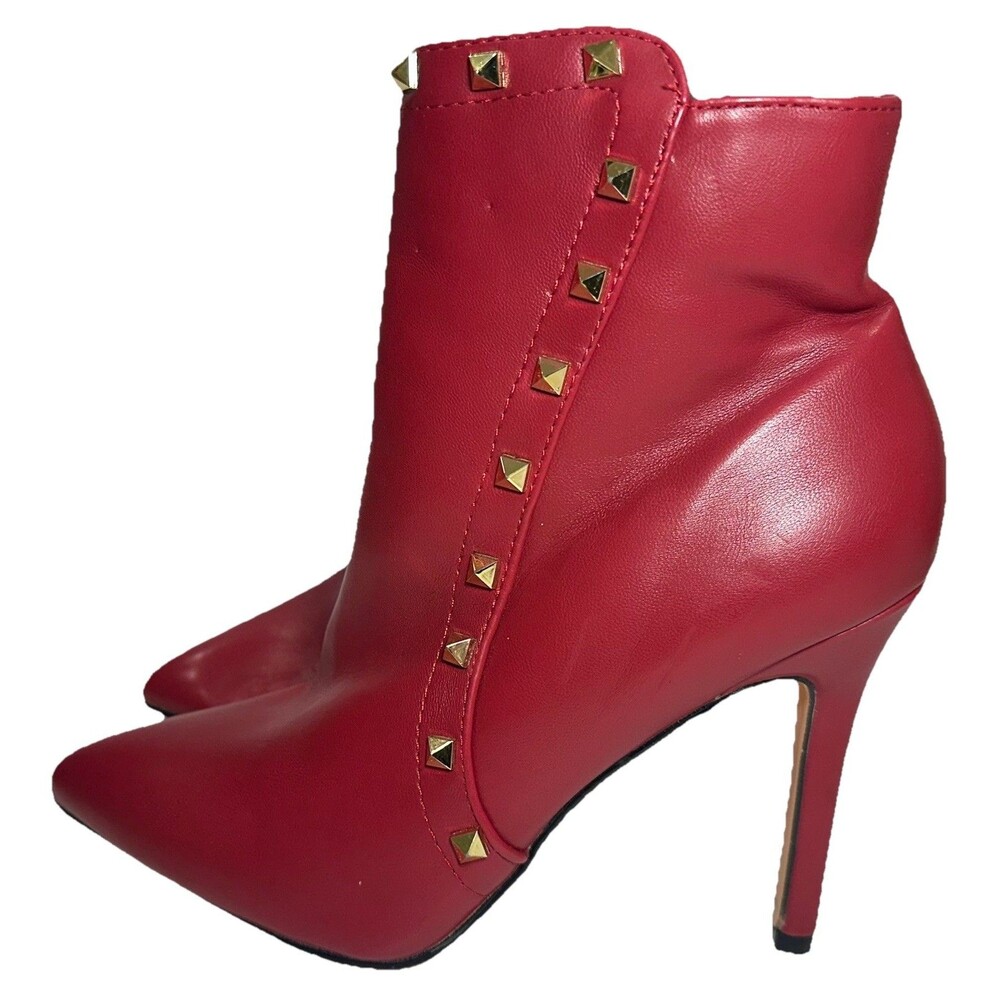 Nicole Miller Wally NM Red Studded Ankle Boots Size 7 Gold Zip Stiletto Heels